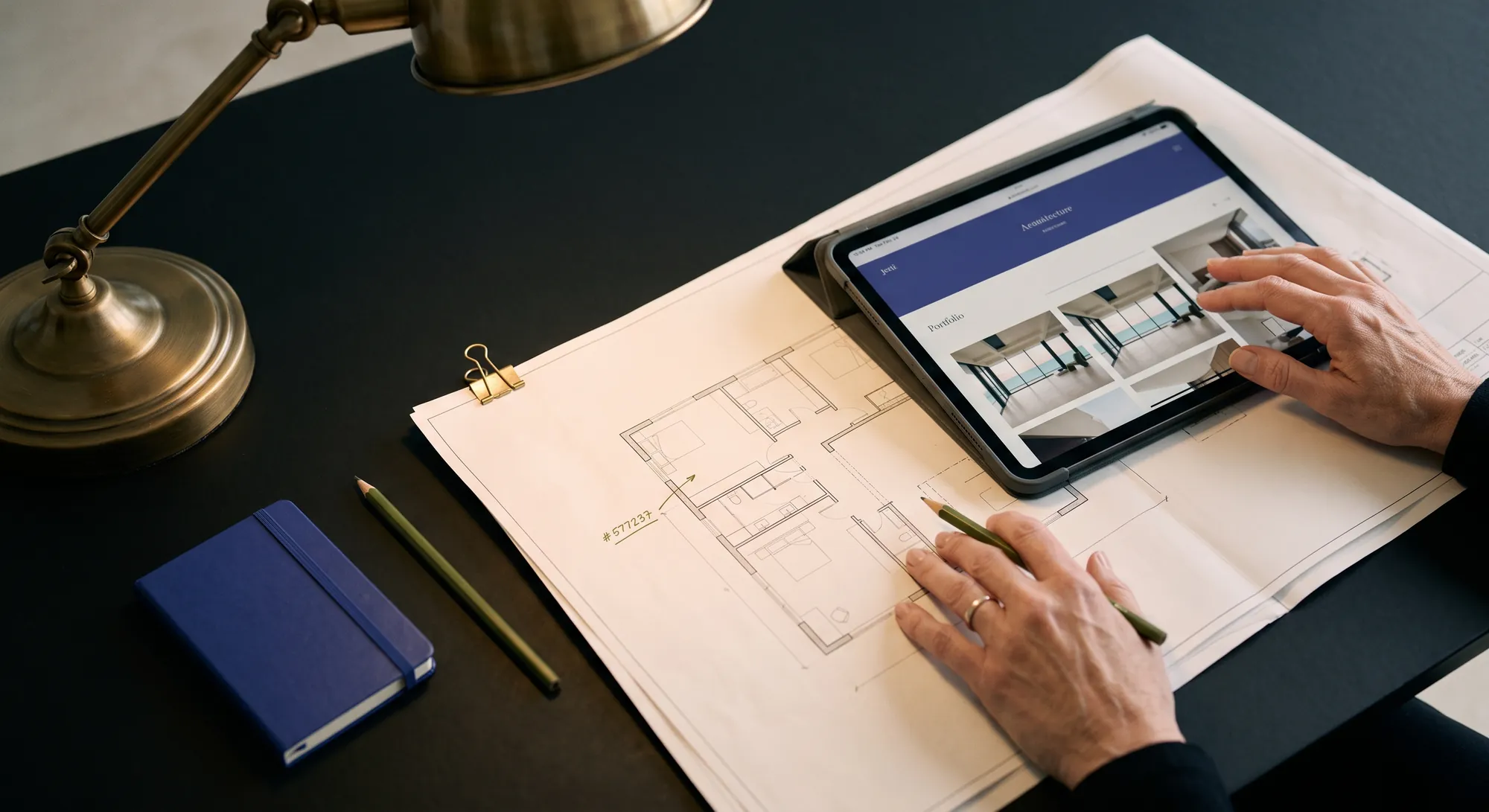 Designer reviewing printed floor plans next to a real estate website on a tablet