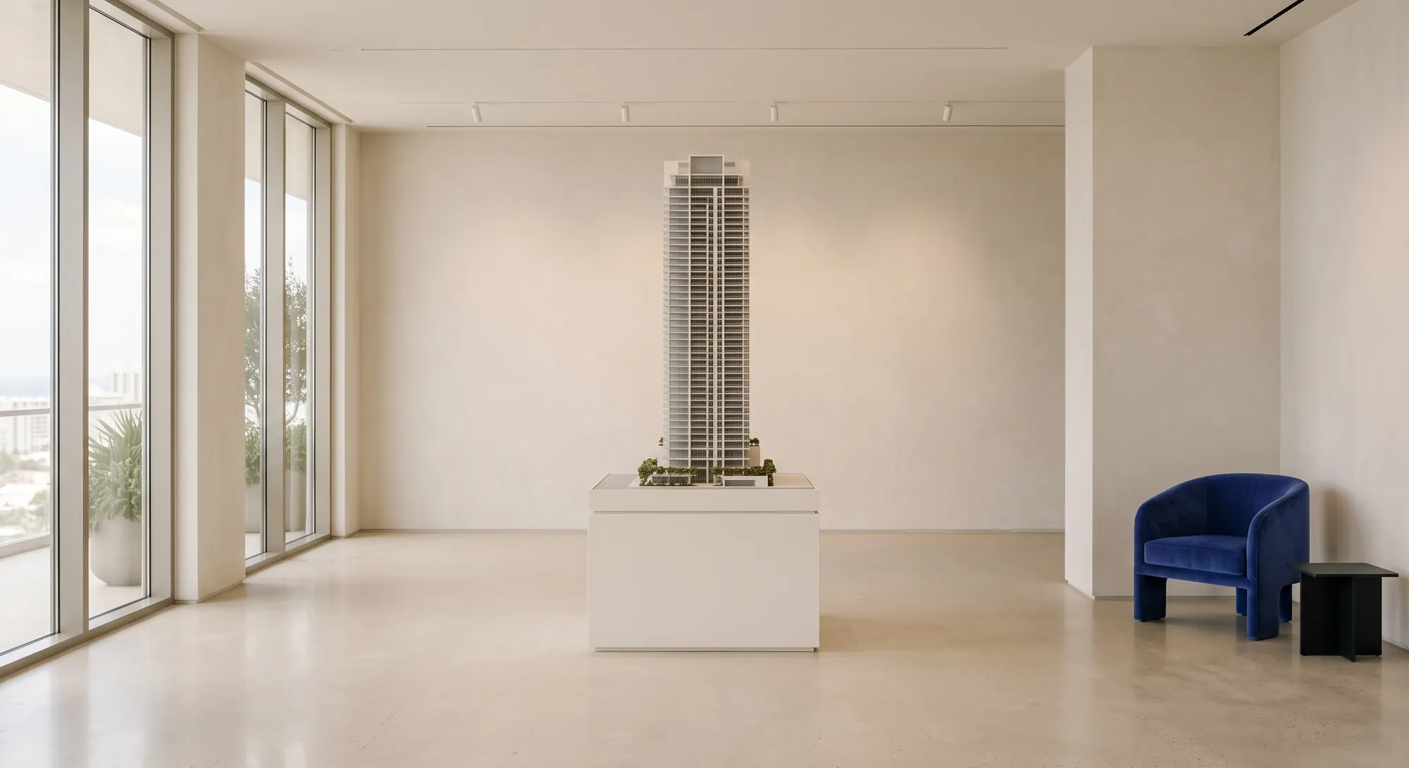 Luxury real estate sales gallery with an architectural tower model and an indigo velvet chair